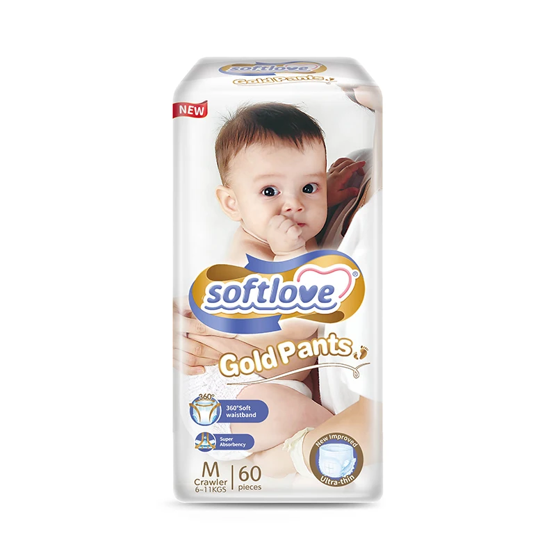Softlove M60 Gold Baby Pants Nappy Manufacturer Non Woven Fabric Printed High Quality Baby Diaper