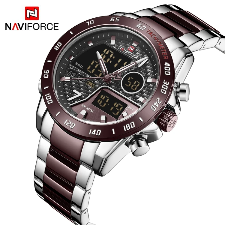  NAVIFORCE NF9171 модные крутые черные часы из нержавеющей стали для мужчин японские кварцевые цифровые наручные два