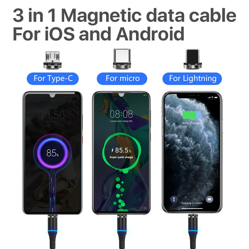 SOSLPAI new design for iphone usb cable nylon braided 5A fast charger 3 in 1 magnetic usb charging cable