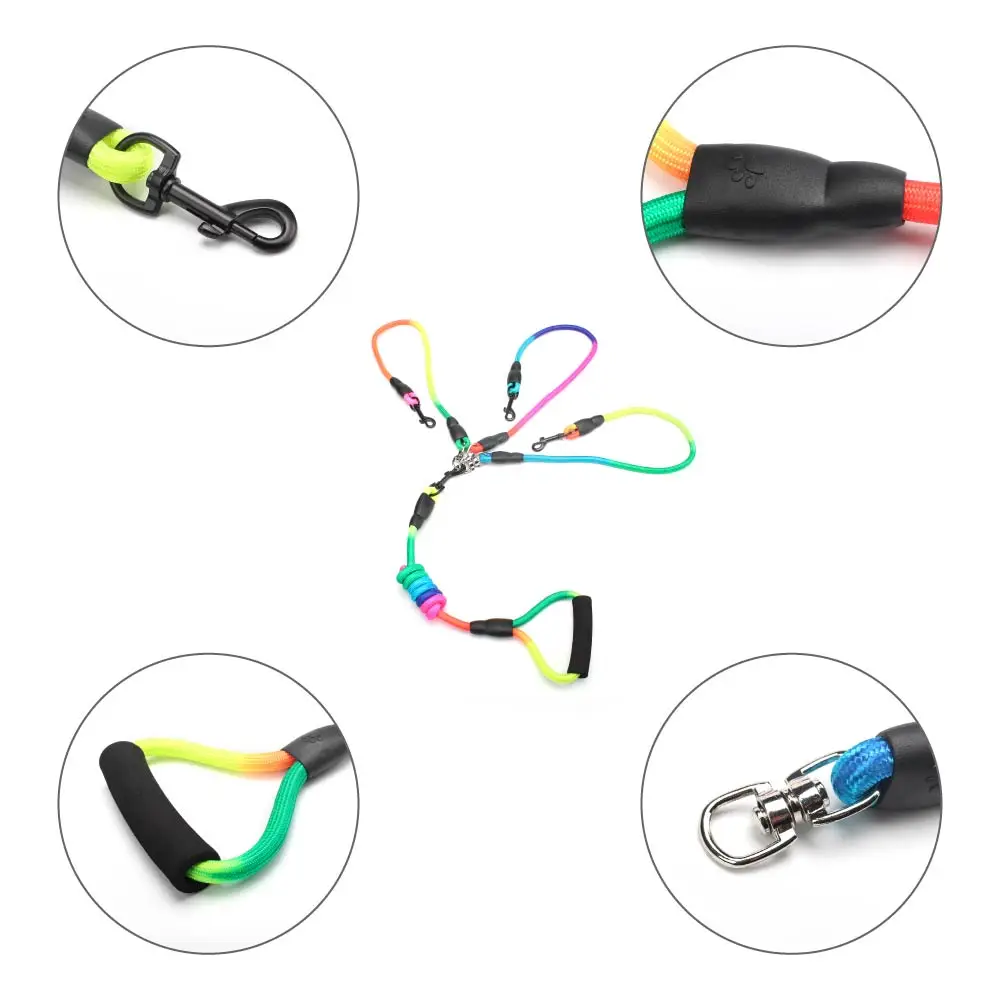 New Rainbow Multi Dogs Leash Nylon Detachable Pet Lead Foam Handle 1 Leash for 2 or 3 or 4 Dogs Round Traction Rope Dog Supplies