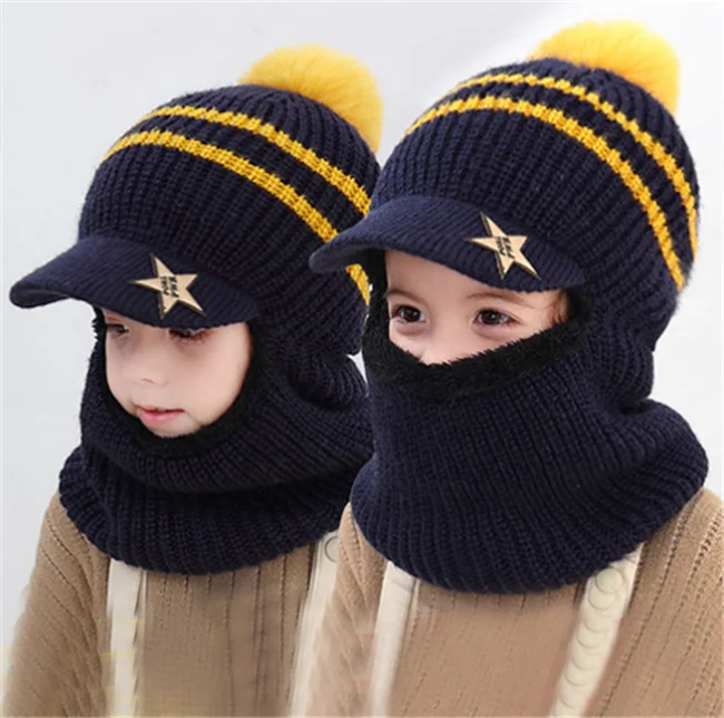 Зимняя шапка для маленьких мальчиков и девочек вязаная Толстая флисовая бейсболка с большими полями детская со звездами От 2 до 5 лет