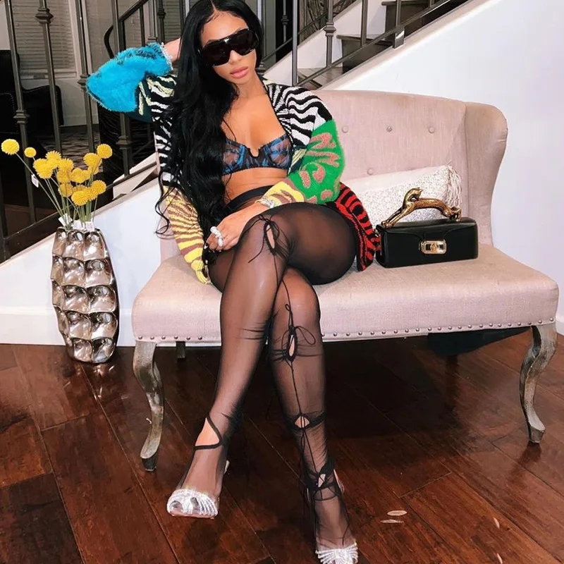 See Through Mesh Sexy Tight Leggings For Womens Nightclub Midnight Party Street Wear Stitching Design Slim Pants