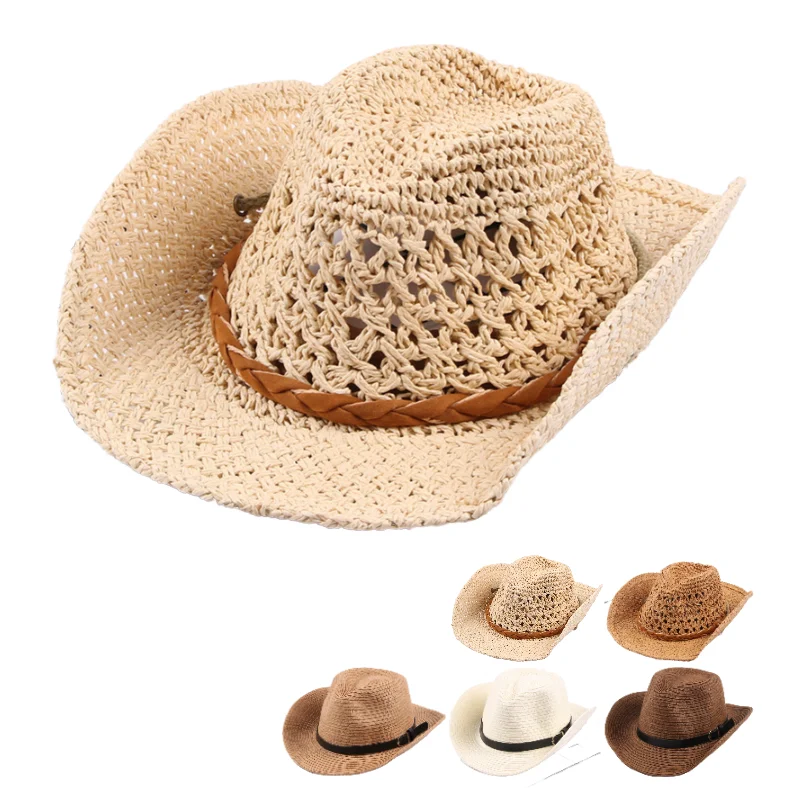 BESTELLA Brand Wholesale customized handmade with string child paper sunshade solid color wide brim large brim straw cowboy hat