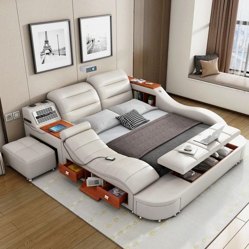 Custom modern leather luxury smart bed with massage music, tatami bed on multi-functional bedroom furniture