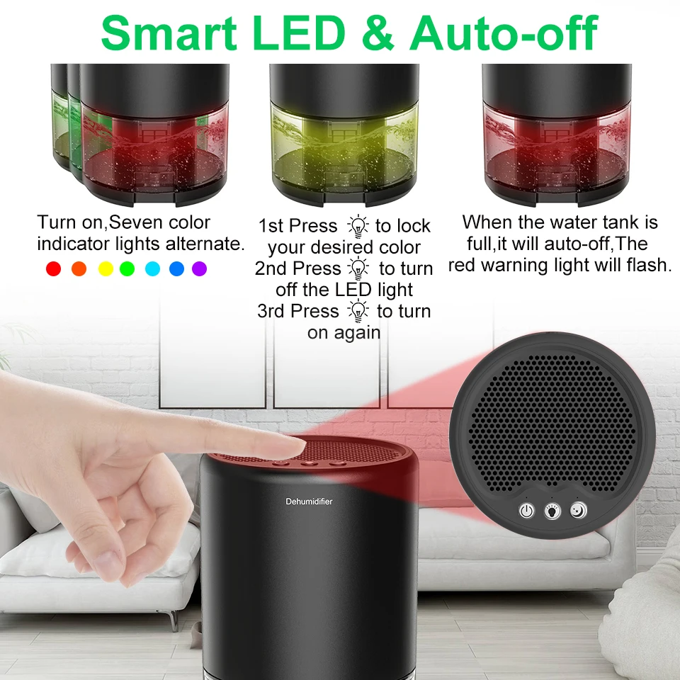 Dehumidifier for Home Small Dehumidifier for Bedroom Portable Small Dehumidifier with 7 Color Lights Quiet Sleep Mode