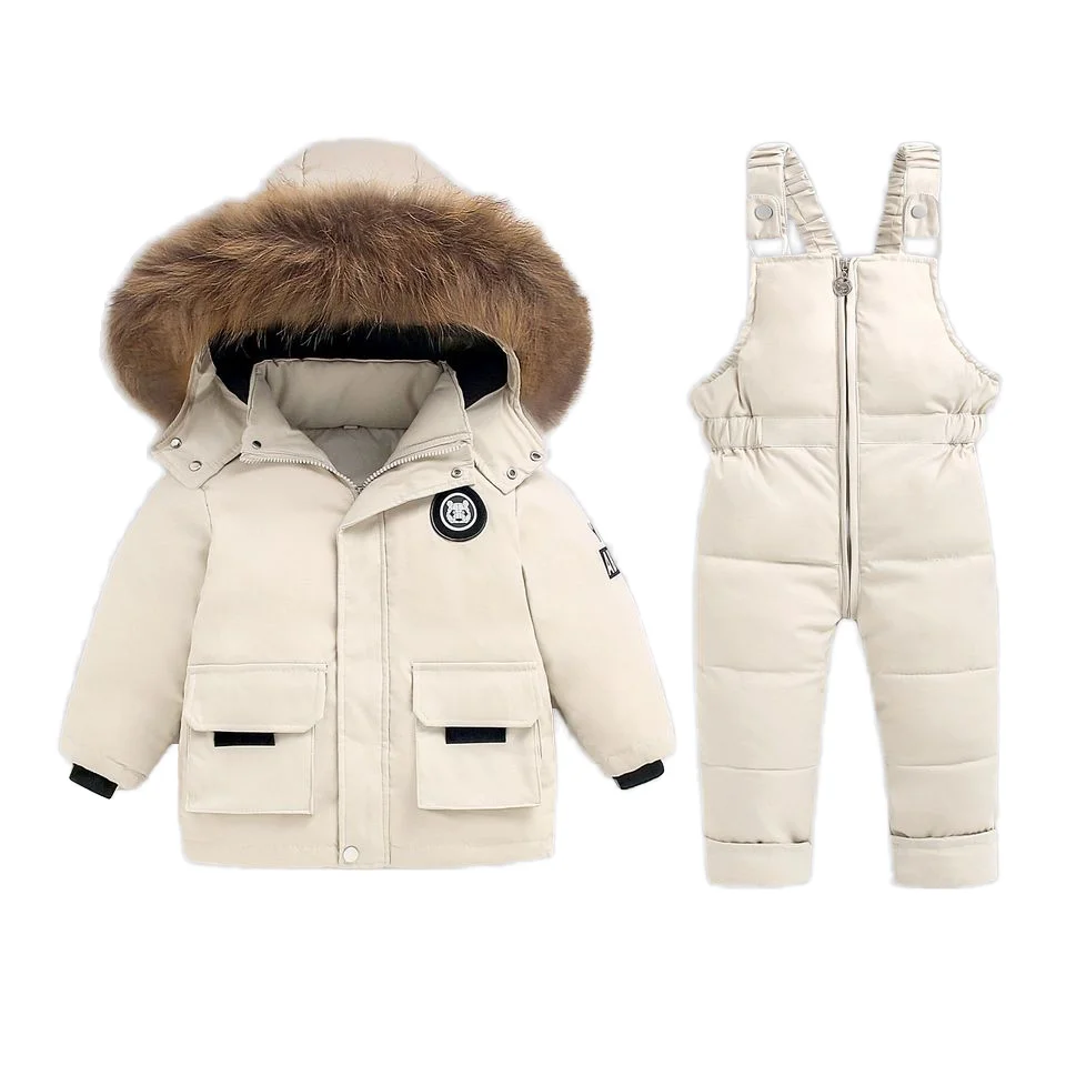 2-Piece Set Warm Furry Hooded Parka Coat and Suspender Trousers Style Zipper Closure for Baby Boys and Girls