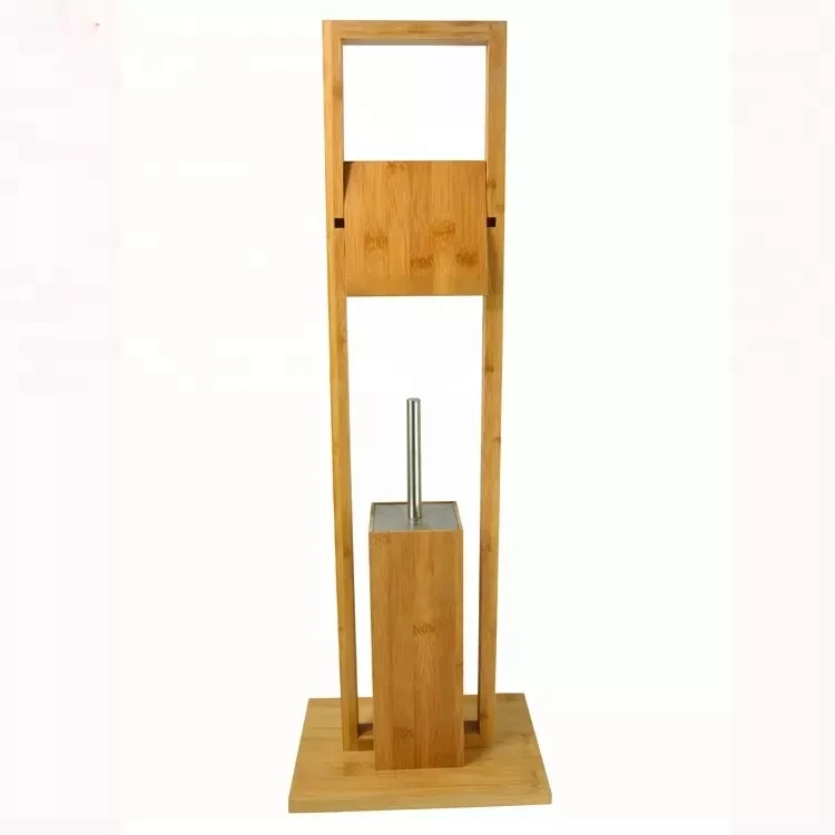Space Saver for Bathrooms Wooden Bamboo Free Standing Toilet Tissue Paper Roll and Toilet Brush Holder