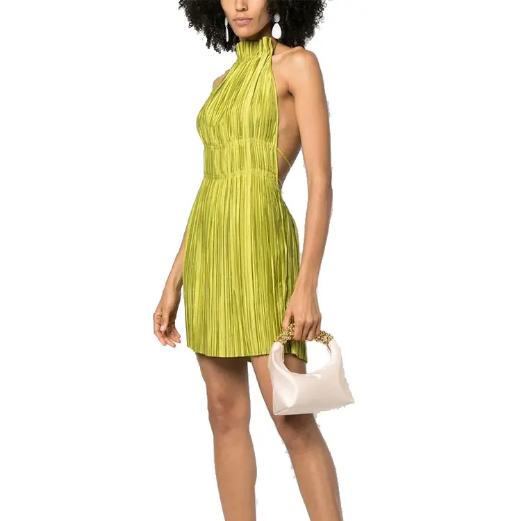 fashion elegant evening party dress club wear ladies homecoming dress custom label backless pleated plisse satin mini dress