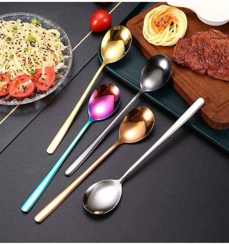 Korean Style Colorful Stainless Steel 304 Titanium Spoons Metal Dinner Long Spoon Set