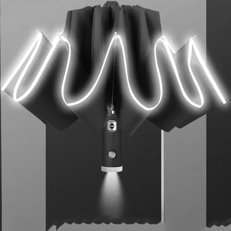 Three fold button innovative solar umbrella with reflective strip to automatic open and close LED light reverse rain umbrella
