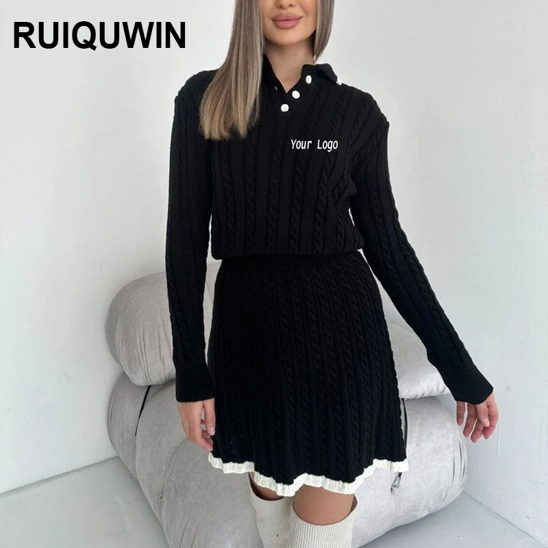 RUIQUWIN New Custom Knitted Women Skirt Set Long Sleeve Casual Women Clothing Two Piece Set Women Clothing