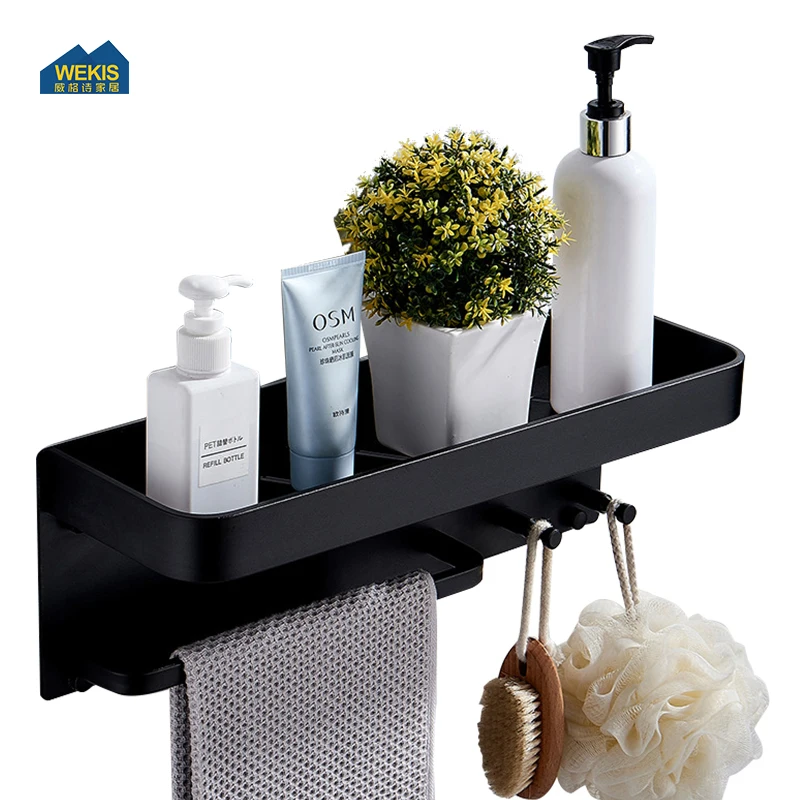Wall Mounted Black Aluminum Bathroom Shelf Metal Self  Towel Hook Towel Rack Holder Shower Shelf