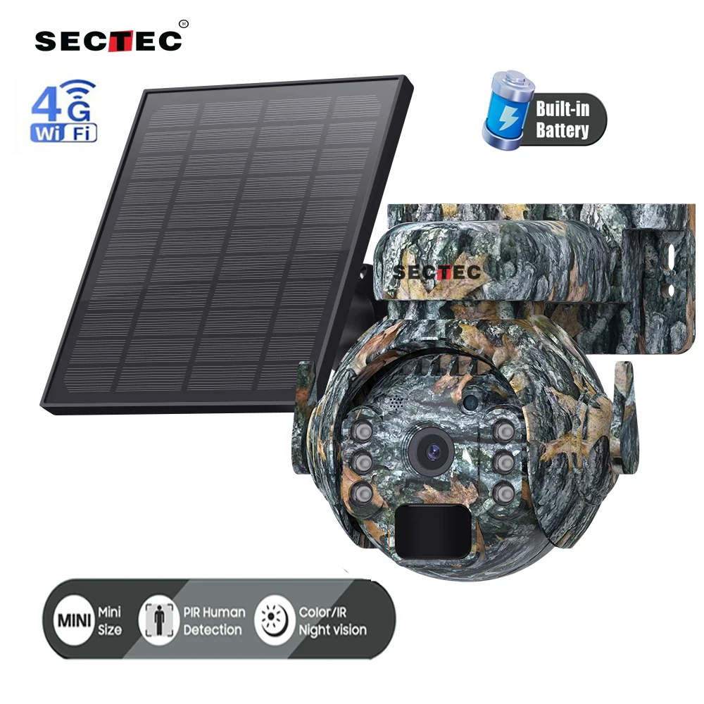 Sectec 2024 Outdoor Camouflage Shoot Trail Hunting Network Camera 3MP 4G Sim Card Solar Battery 5200mAh PTZ Mini Camera