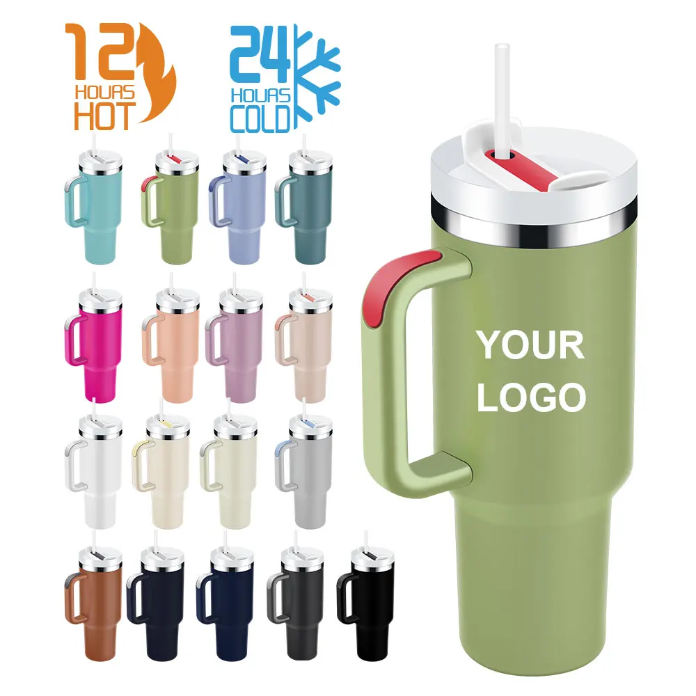 Custom Logo Double Wall Car Travel Sports Mug 40 oz Stainless Steel Insulated Coffee Beer Tumbler With Handle And Straw