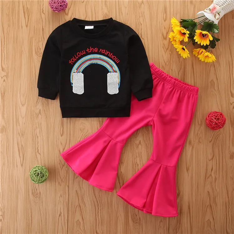 
Spring Autumn Kids Girl Clothes Black rainbow sweatshirts + ruffle pants 2pcs fashion girl clothing set 