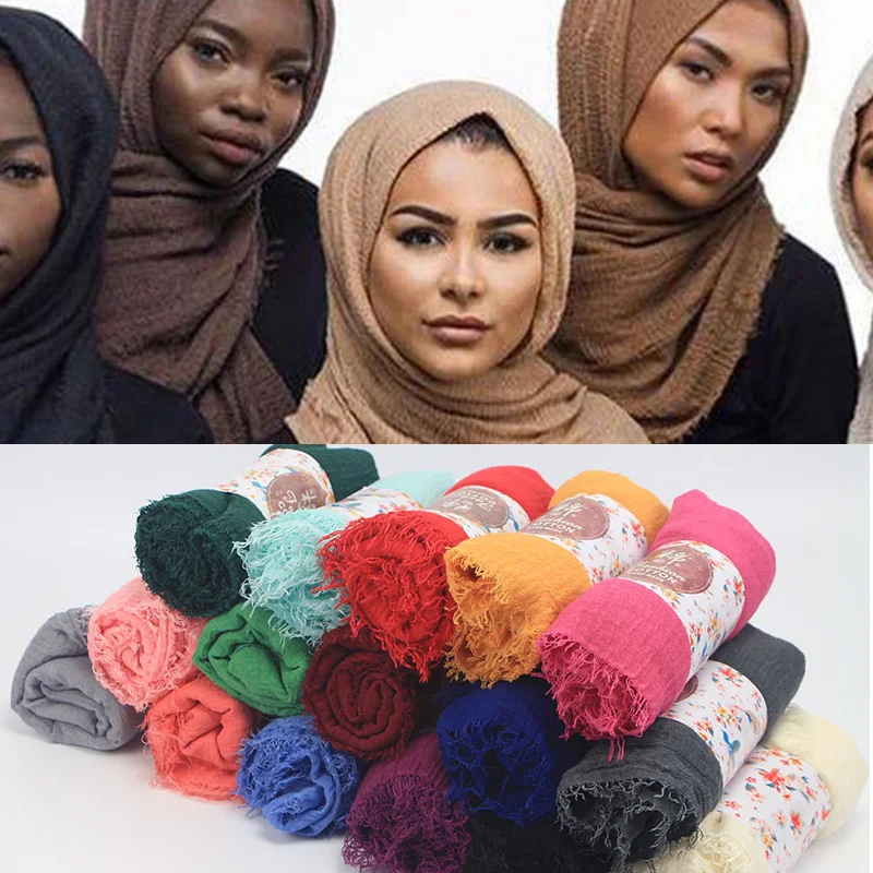 Classic Solid Color Micro Wrinkle 95*180 Cm Cotton Stylish Hijabs Scarfs 2021 Muslim Scarf Women Hijab