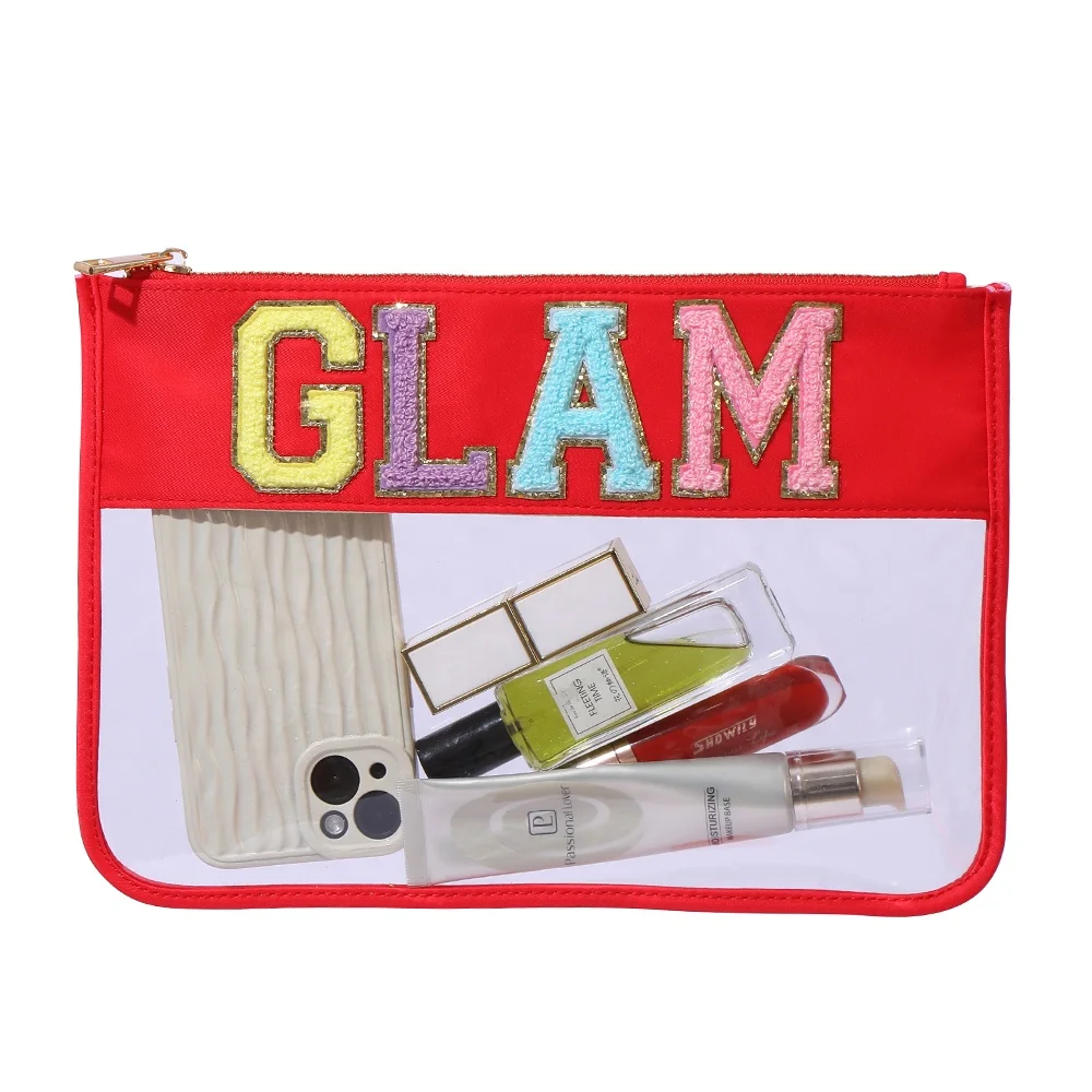 Stock Chenille Patches Clear Waterproof PVC Zipper Toiletry Carry Pouch Portable Makeup Organizer Bag