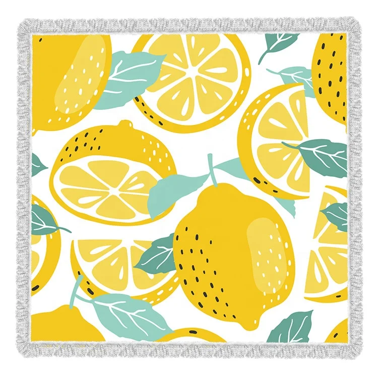 Sand Free Summer Lemon Fruit Print Square Microfiber Beach Towel with Tassels