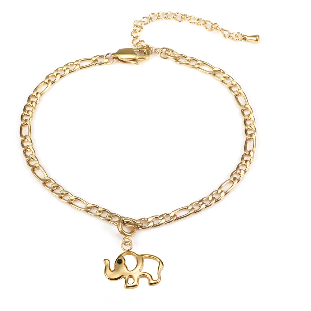  Wholesale Woman Elephant 24k Gold Plated Ankle Bracelet Jewelry Stainless Steel Costume Cuban Link Butterfly