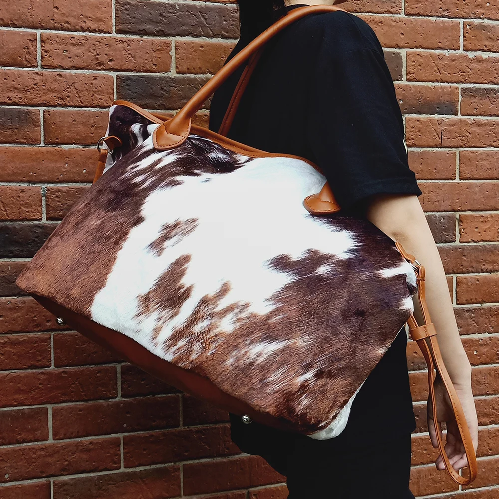Women Suede Brown Cowhide Bag Wholesale Large Black and White Cow Print Weekend Tote Travel Bag Wristlet Gift