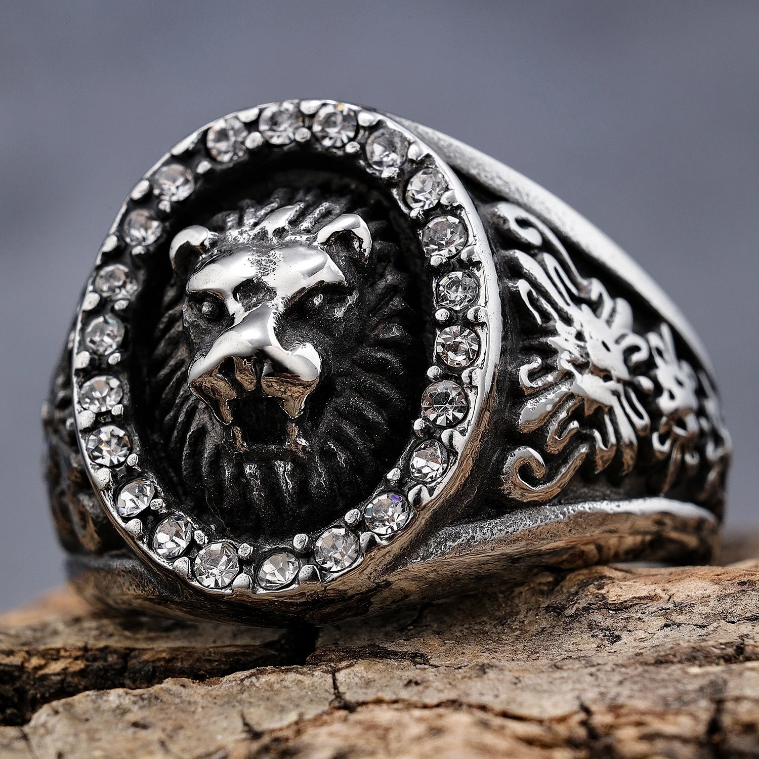Ready to ship stainless steel gothic style gold crystal Lion Of Judah lion head signet animal rings for men women size 7-15