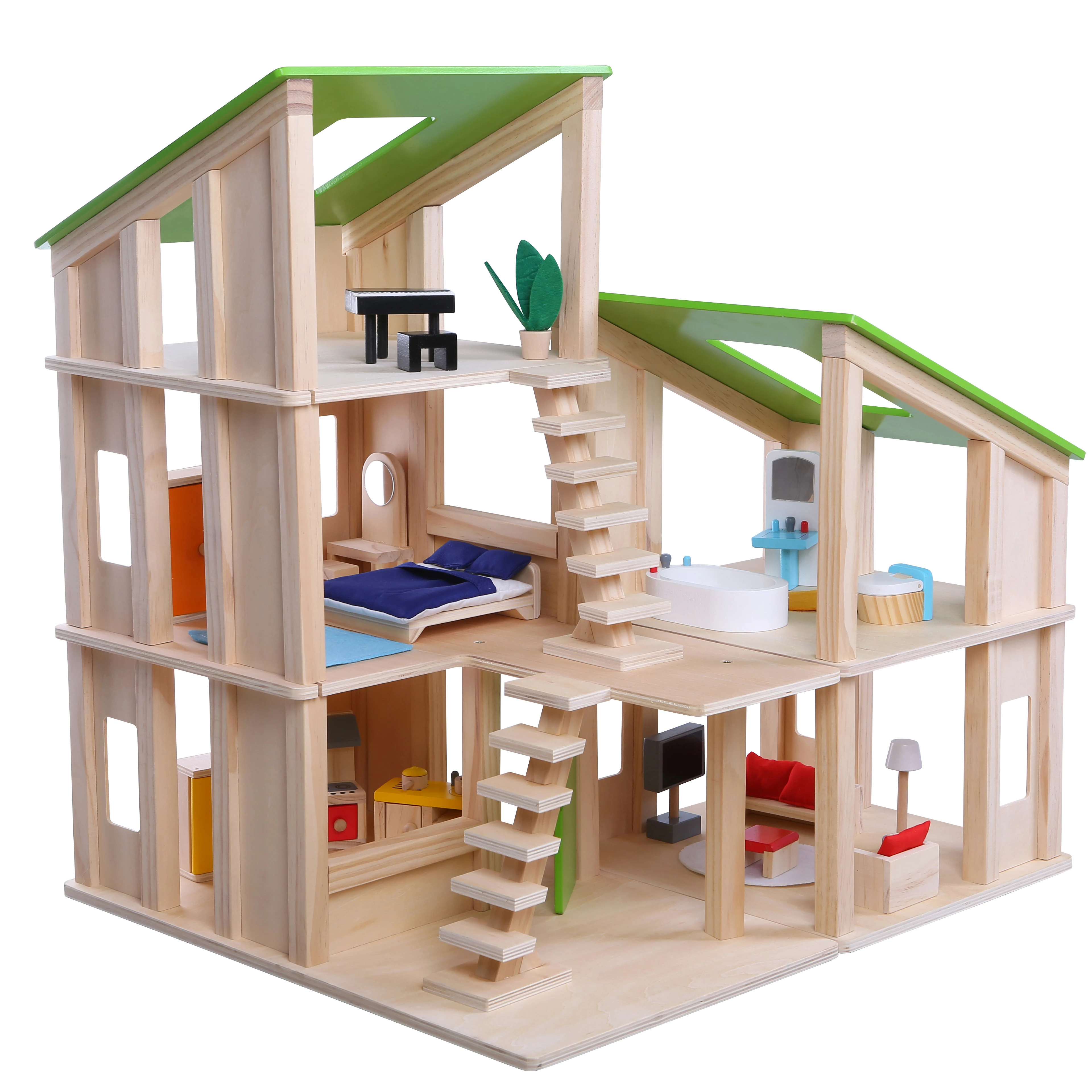 Montessori Toy Wooden Dollhouse Toys Three Tayers Wooden Modern Doll House for Toddler
