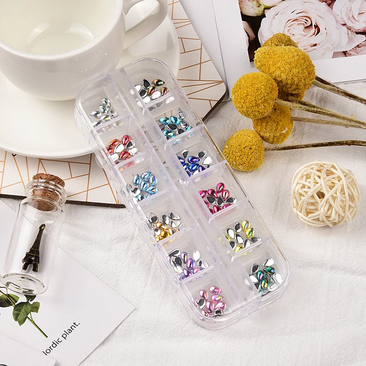 12 отверстий в упаковке видов цветов форме капли воды смешанные клеевые палочки с плоским основанием Стразы ab для дизайна ногтей