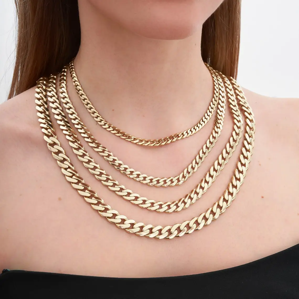 VLOVE Solid 14K Gold Miami Cuban Chain Necklace Shiny 1.5mm-6mm Thick Necklace Custom Length 14KT Gold Miami Cuban Chain