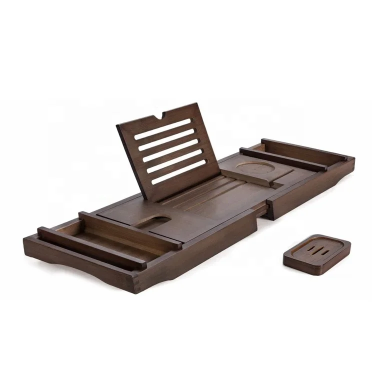 Bamboo Bathtub Caddy Tray with dark color for One or Two Person Bath with Soap Holder or for Bed Tray