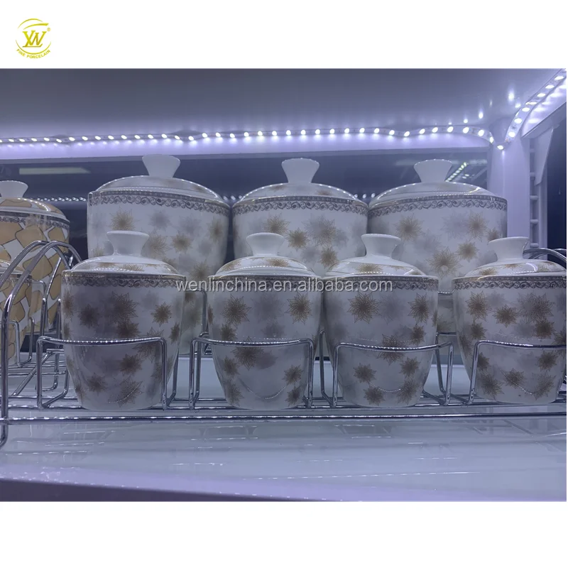 
Unique design kitchen used 7 pcs porcelain spice jar salt condiment canister set sugar pot with metal stand 