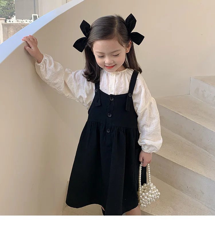 Hot selling fall long sleeve white blouse black sleeveless high quality girls casual dress