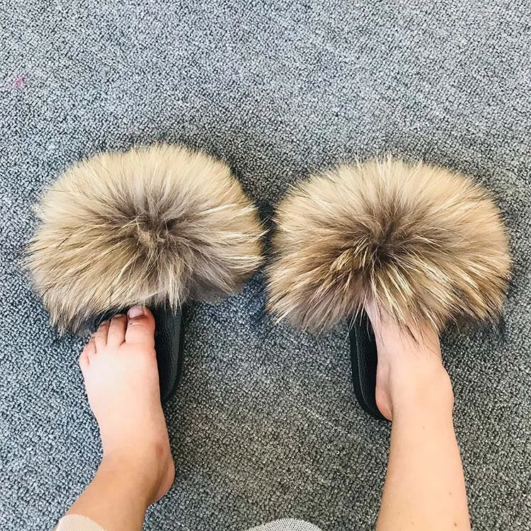 New baby kids Real Raccoon fur slides newborn toddler Fur Slides children fuzzy shoes indoor outdoor large animal fur Slippers