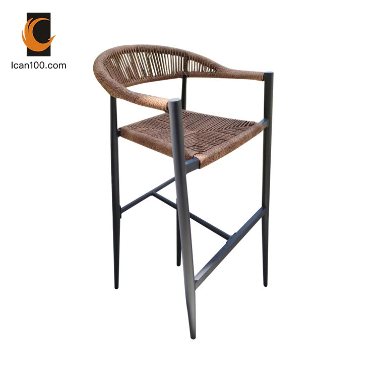 Rope Weave Outdoor Cafe Bar Tall Chair High Bar Stool High Back Chair Brown Dining Chair