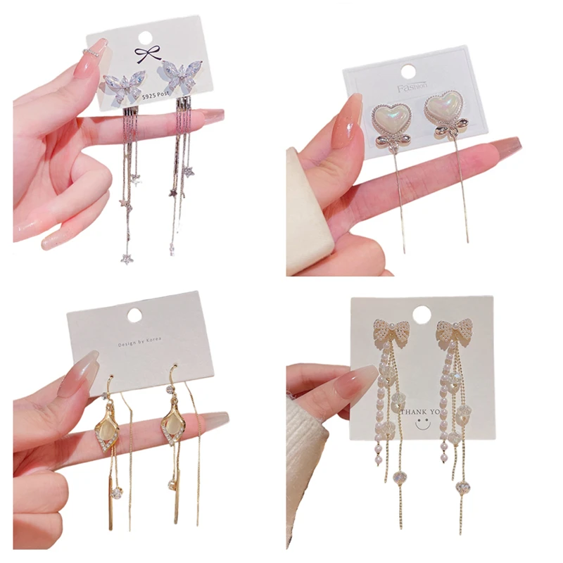 925 Серебряные иглы с имитацией жемчуга позолоченные серьги с бантом длинные висячие кисточки для женщин ювелирные изделия подарок