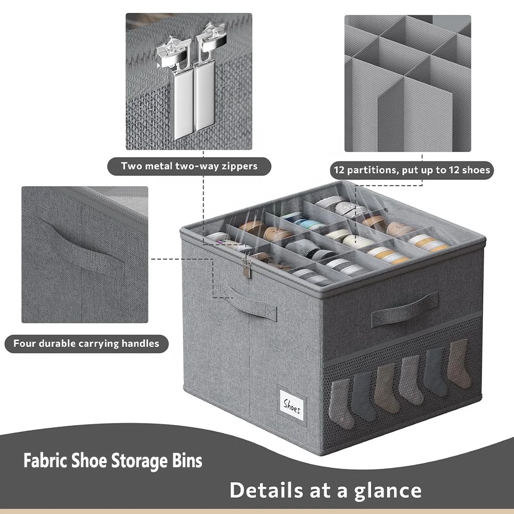 Fabric Shoe Storage Bins Adjustable Dividers Shoe Organizer for Closet with Clear Cover for Shoe Storage