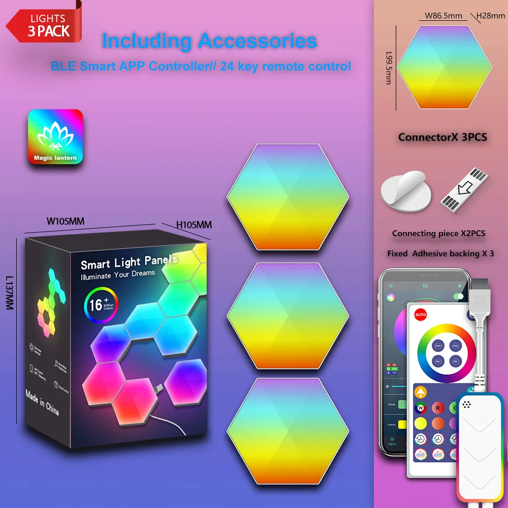 factory custom living room decoration led quantum 3pcs app remote control led hexagonal wall lamp