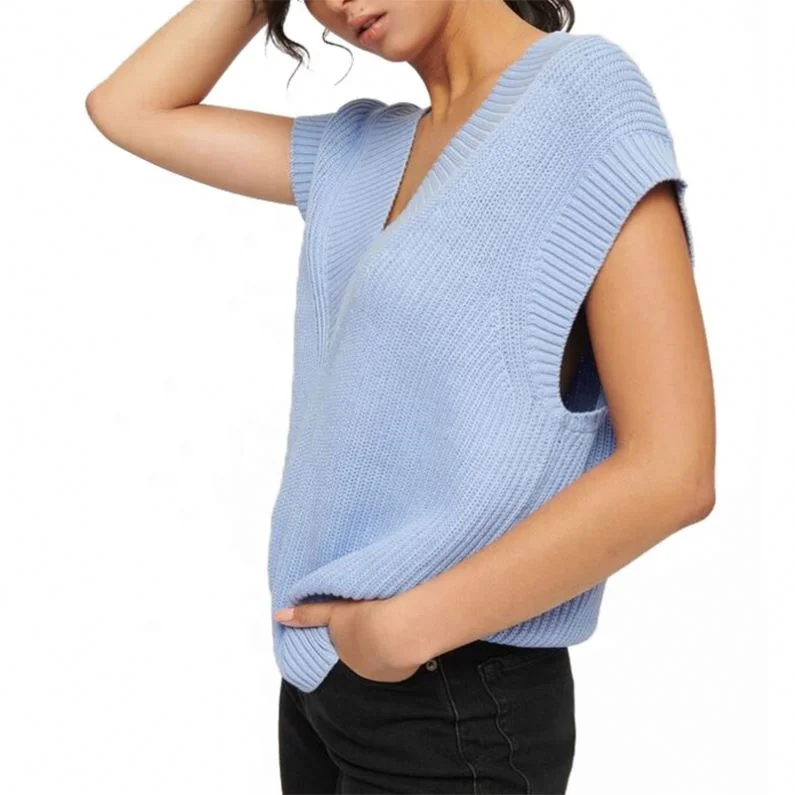 Wholesale 2023 Custom Logo Knit Oversized  Women Sweater Deep V Neck Sleeveless Plus Size Rib Vest 100% Cotton Knitwear Ladies