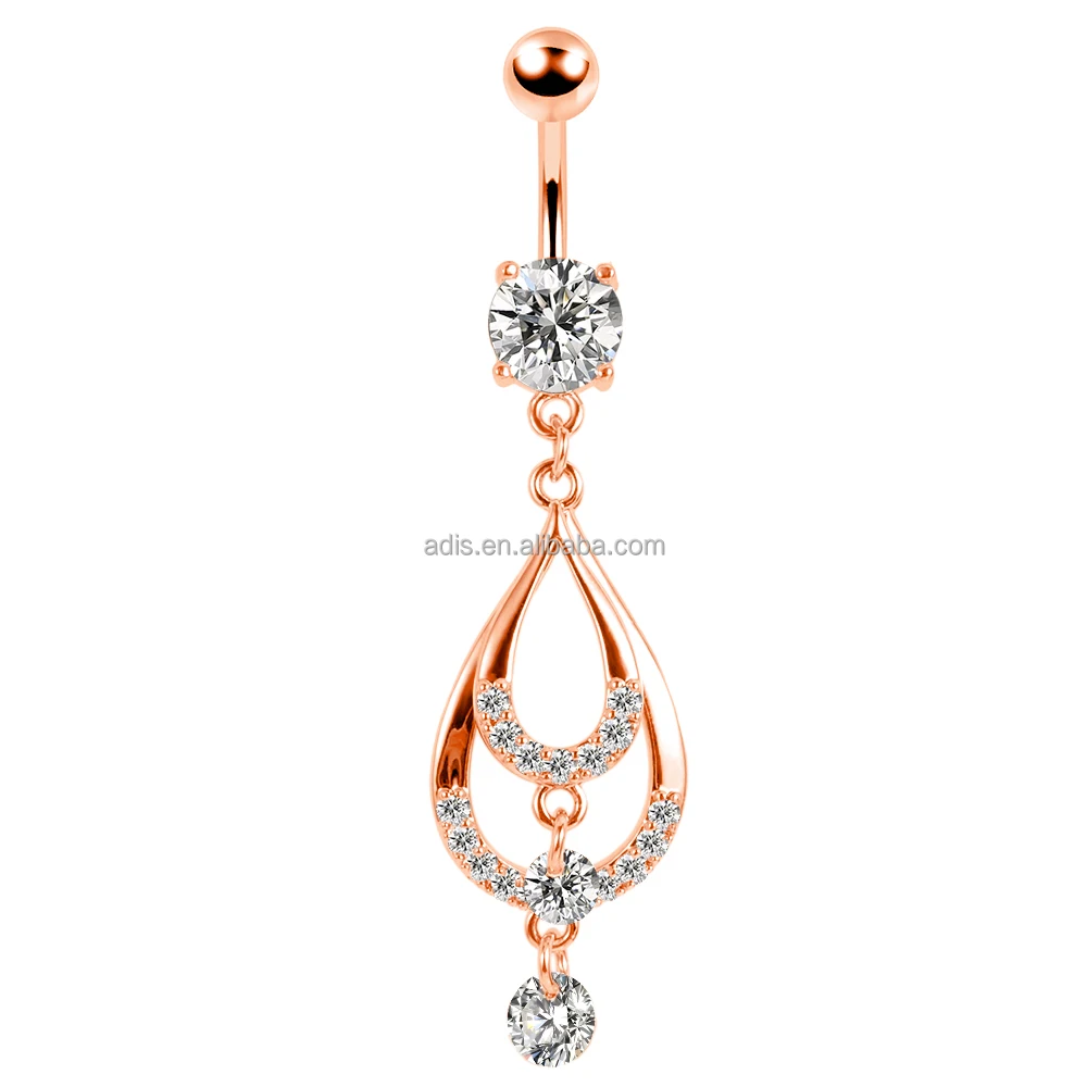 High Polished Stainless Steel Belly Ring Zircon Chain Banana Button Ring Dangle Navel Piercing Jewelry