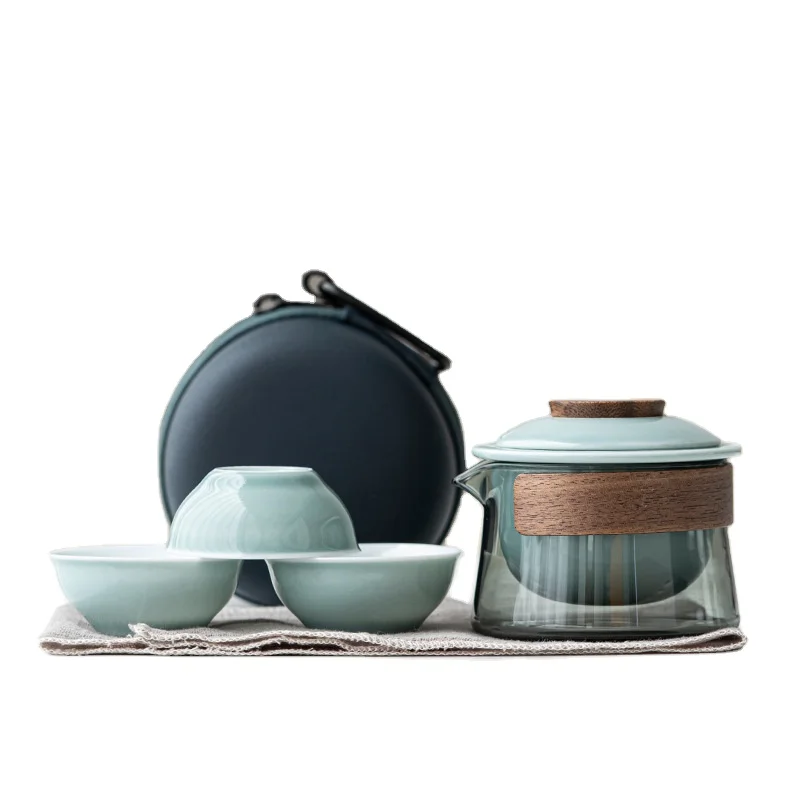 210Ml Travel Tea Set With Handbag/Case, Ceramic Teapot With Infuser and Three Gongfu/Kungfu Tea Cups Portable Travel Bag (Black)