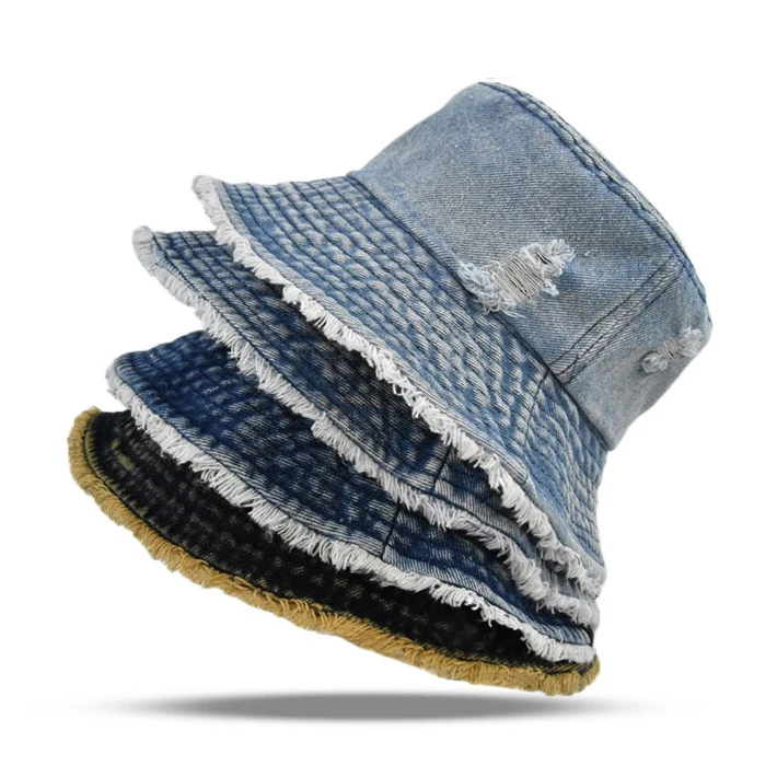 Custom Logo Frayed Brim Washed Cotton Fishing Cap Breathable Summer Sun Hats Women Vintage Denim Bucket Hat