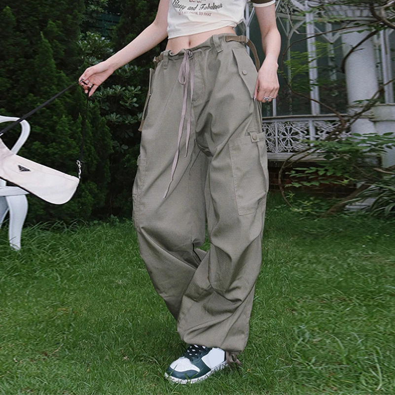 Oem drawstring elastic waist mens custom solid color oversized men baggy cargo parachute pants with large pocket