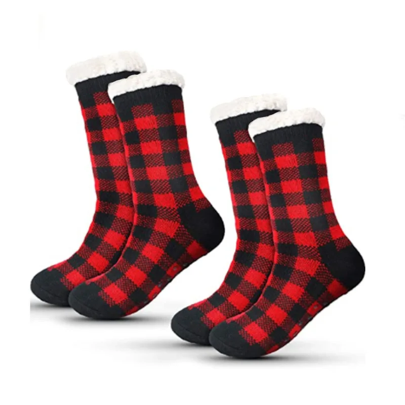 New Checked Design Unisex Slipper Sox Custom Winter Warm Home Anti Slip Fluffy Fuzzy Sherpa Fleece Women Christmas Grip Socks
