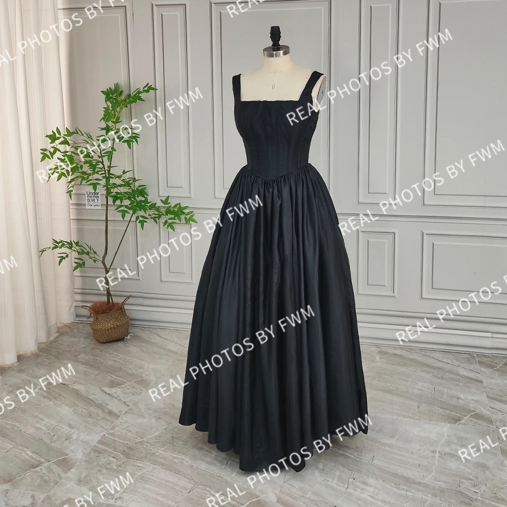 100% Настоящее фото высококачественное черное свадебное платье трапециевидной формы с квадратным воротником для невесты 2024 корсет на спине вечернее макси без рукавов