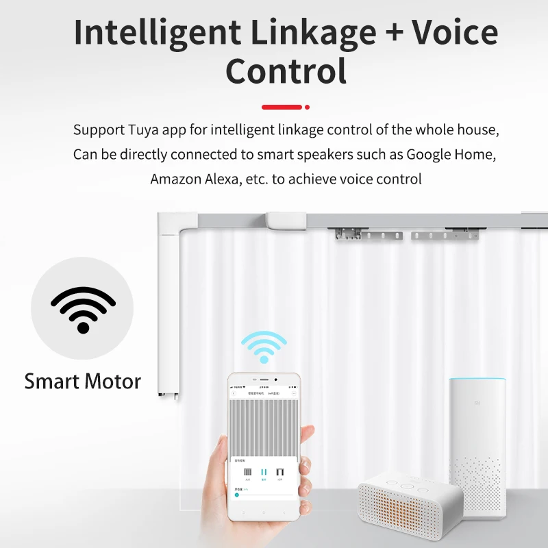 Customized DIY Smart Motorized Runner Aluminum Alloy Poles Rail Sheer Blackout Fabric Tuya Wifi Curtain Track