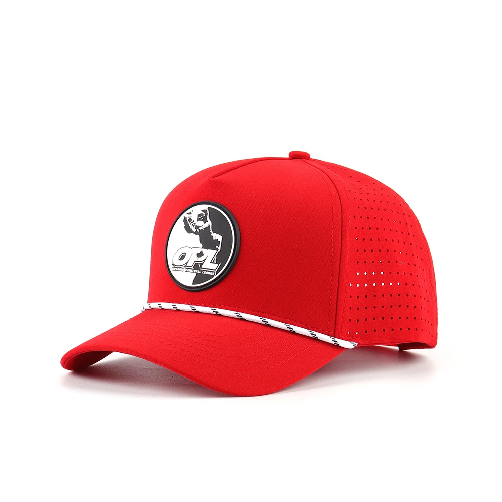 OEM ODM baseball caps hats custom material bright red laser perforated hats with mix color rope puff rubber patch logo