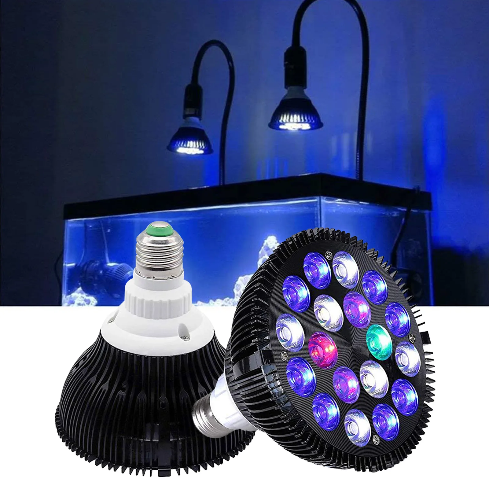 Cusomik 18*3W Full Spectrum E27 E26 Base LED Aquarium Light Bulb 54W Fish Tank Lamp for Coral Reef Saltwater Tank Plants Growth