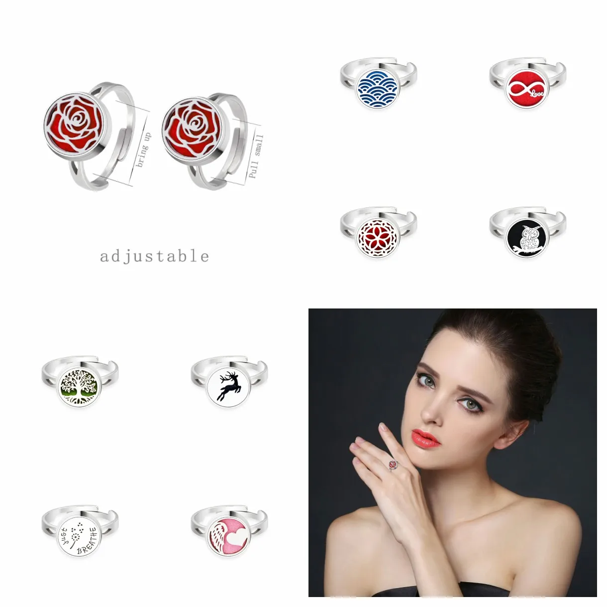 12mm Stainless Steel Fashion Jewelry Adjustable Ring Aromatherapy Essential Oil Diffuser Finger Rings For Women