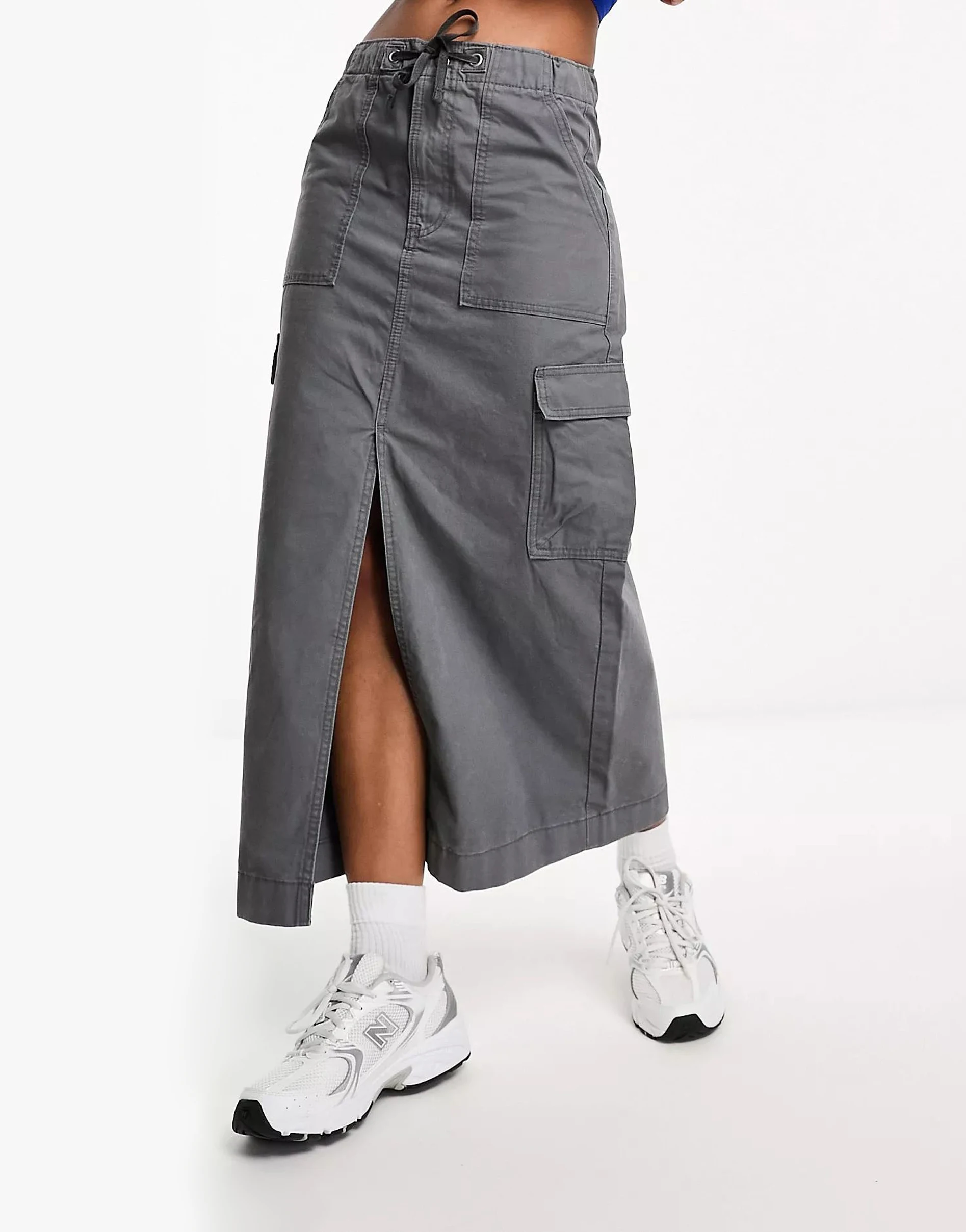 High Quality Women Solid Color Loose Slit Vintage Maxi Cargo Skirt With Pockets Elastic Waist Skirt Women Clothing Skirt