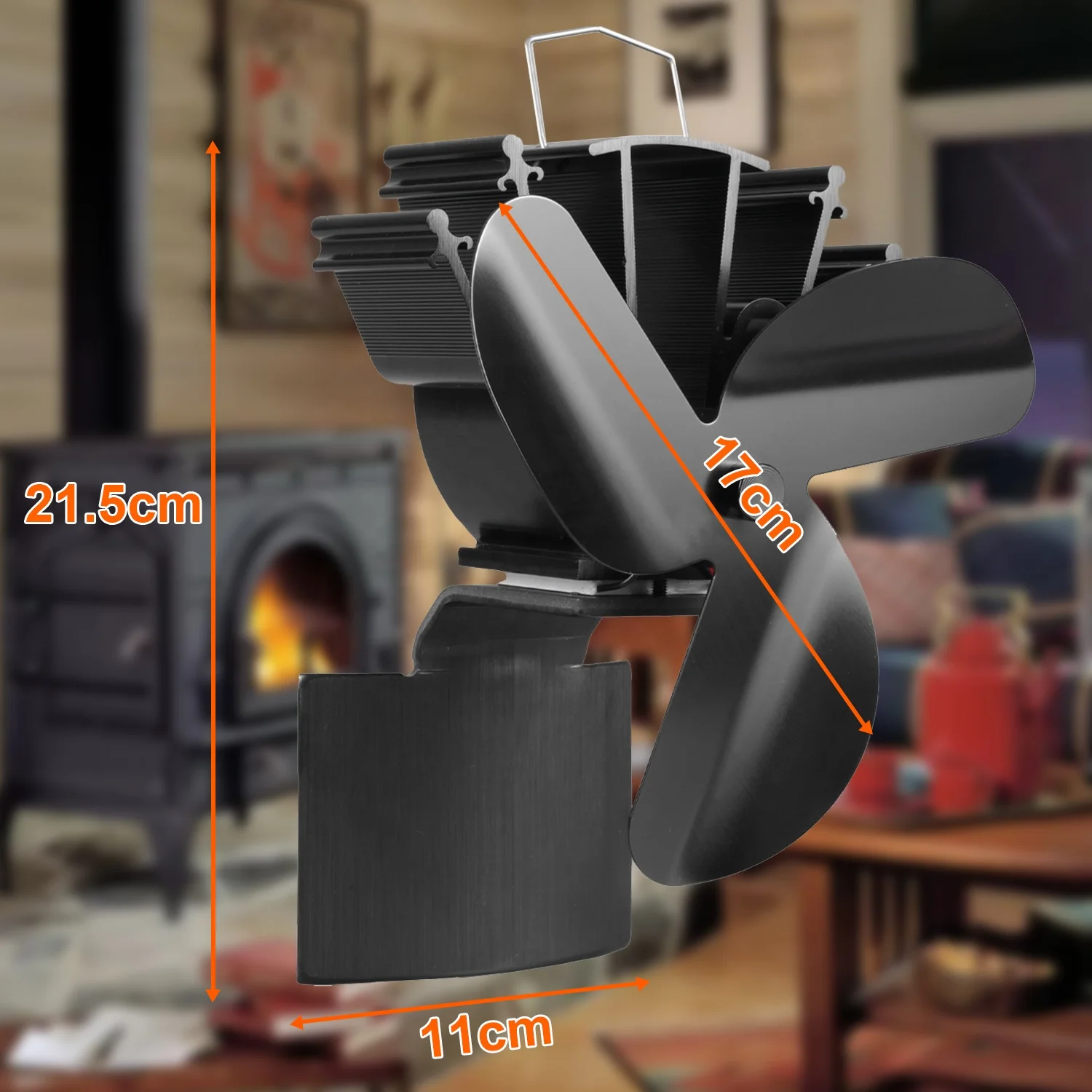 Heat Powered Wood 3 Blades Stove Fan on Chimney with Silent Motors Push Horizontal Air Flow  for Wood Burning Stove/Gas/Pellet