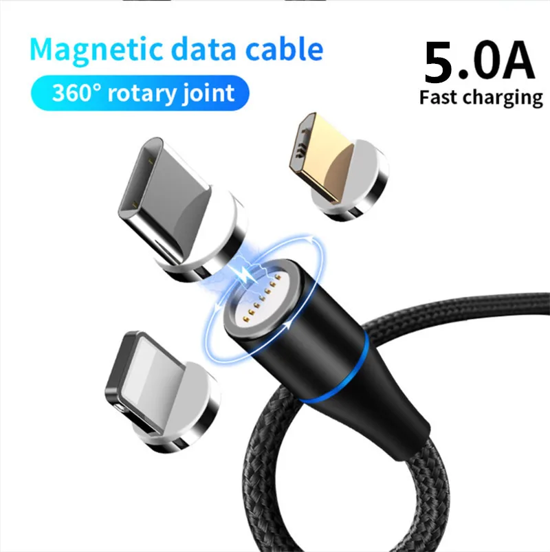 
360 Rotation Data Transfer 5A Quick Fast Magnetic Charging Cable For Micro USB Phone Magnet Charger Wire 